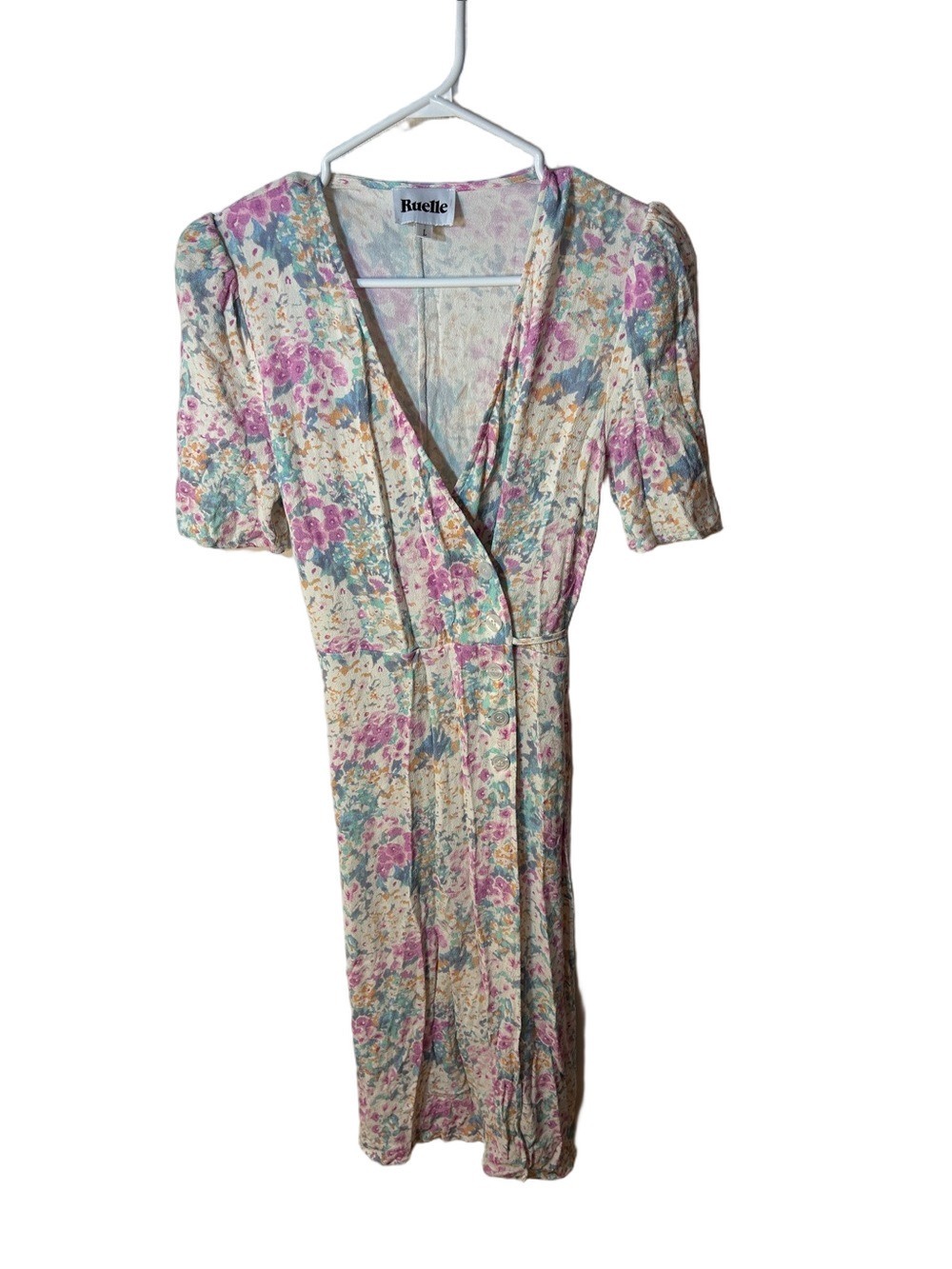 Ruelle Floral Viscose Wrap Midi Dress - Cream Multi size large